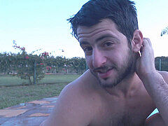 Public flashing, outdoors, hairy chest