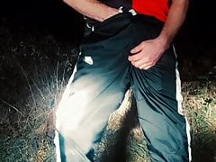 Pissing my shiny Nike trackies, piss fountain and cumshot!