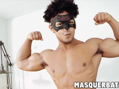 Muscular youngster James stuffs fleshlight with big dick