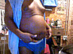 Fat belly play, ebony, fat cock handjob