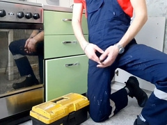 Imaginary client tricks plumber into rough gay sex session with his hairy dick masturbator