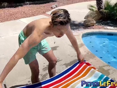 Sweet looking twink Kai Cho tugs his meaty bulge and cums all over himself