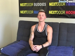 Tattoo casting jock masturbates on couch till cumshot