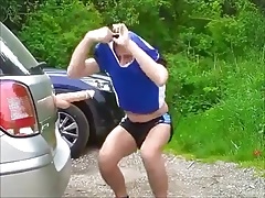 Huge dildo fucking outdore
