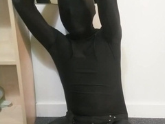 Zentai self restrain bondage, stroking machine and post ejaculation