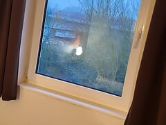 Sweet German boy jerks off early in the morning in the hotel room and squirts on the bed