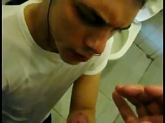 Cumshot facial in public restroom