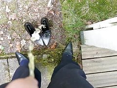 Piss in wifes black and grey stiletto high heels