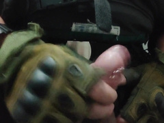 Fat sausage of the soldier in the douche