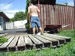 sissy outdoor chores with pink buttplug