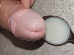 Super close up wank, edge and leak multiple loads onto a spoon and swallow own sperm ruined orgasm uncut veiny cock cum