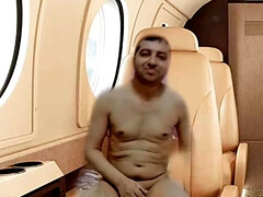 Nude boy masturbation on seat of the virtual Air plane.