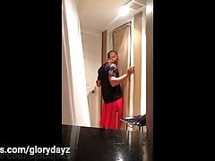 Sexy fit black dude in shorts visits the gloryhole