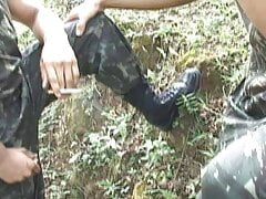 Soldiers have outdoor uninhibited anal sex with blatant cumshots