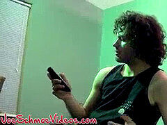 Curly hair straighty working on his humungous cock solo