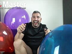 Guy blows up balloons, humps and pops them.