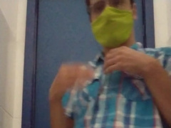 open my blue tee-shirt in shower pull up my messy prick then stroke him