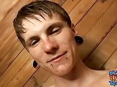Straight dude with pierced nipples jacks off and cums