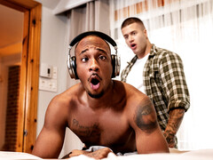 Black stud fucks pair of white men in gay threesome