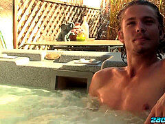 cheery Derrick Dickem tugging off poolside solo