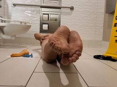 Public restroom pantie strip and nude play. Creampie on feet