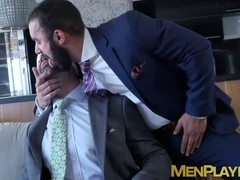 Handsome guy blindfolded for deepthroat pounding in wild threesome