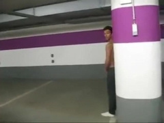 Sexy lovers cum in public garage
