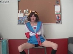 Haruhi lookalike having fun on chair in crossdress cosplay