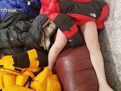 Humping North Face jackets on a leather bed for some wild fun