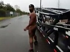 Naked in public jerking off for passing truckers