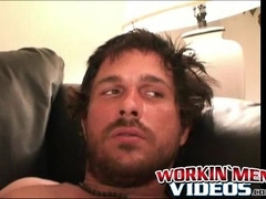 Inked thug rubbing hairy cock before solo cumshot