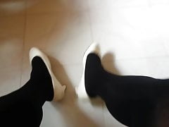 White Patent Pumps With Black Pantyhose Teaser 32