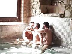 A group of gay pals head to the pool for anal fun