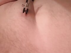 Teen jerking with nipple clamps