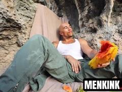 Bald dude King Noire entertains his aroused cock while stranded and alone