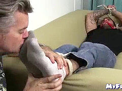 Handsome gay haunt Lachance strapped up for sensuous feet licking