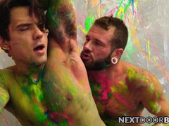 Johnny and Dakota splattered in paint before a cumshot overload