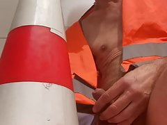 PISSING ON CONSTRUCTION WORKERS SITE ORANGE CONE