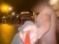 Walking naked on busy truck parking