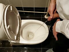 Caught hot sexy colleague secretly masturbating after pissing in office restroom during Xmas party on jerking co-worker