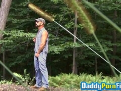 Daddy Joe Raven jerks off outdoors while fingering solo