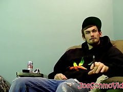 Young man goes naked and strokes his dick before cumming