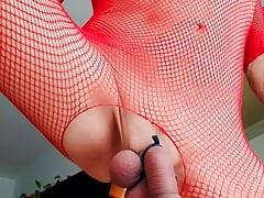 Sissy in red Catsuite fucks with umbrella and Bottle her horny Ass