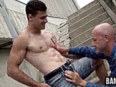 Buffed fellow barebacks senior hairless daddy outdoors