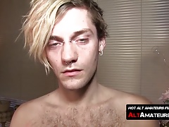 Blonde twinkie Jay caresses his massive fuck stick solo