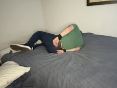 Selfbondage in a hogtie while hooded and Plugged