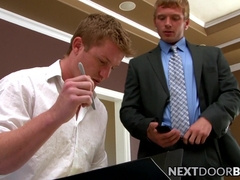 Two jocks having gay fun in their bedroom with their ties on