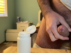 Gay daddy's huge cock gets jerked off until he cums hard