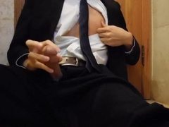 Bareback Student in the WC Takes a Cum  Handjob