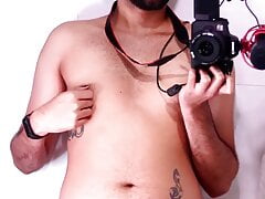 Horny Young Latino Stroking His Big Uncut Dick In The Mirror Until He Cums